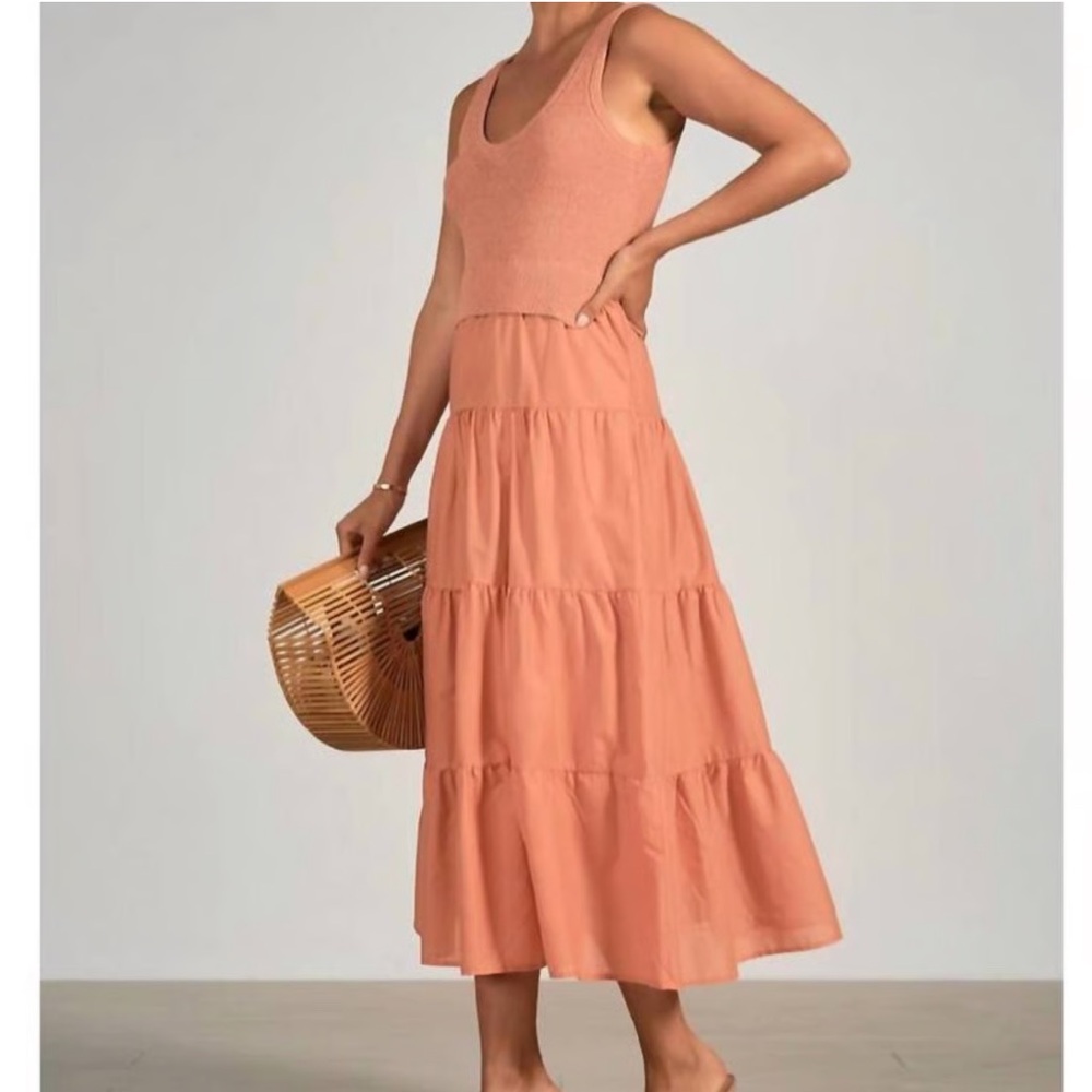 Elan Peach Tiered Midi Dress